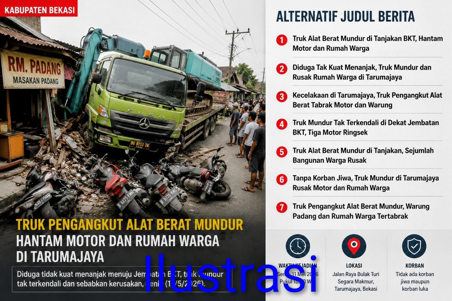 Kecelakaan di Tarumajaya, Truk Pengangkut Alat Berat Tabrak Motor dan Warung