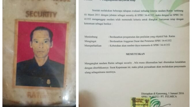 ID Card Security dan SK Pengangkatan Karyawan Tetap PT Felmica atas nama Ratim menjadi bukti administratif status kepegawaian di SPBU 34-41352.