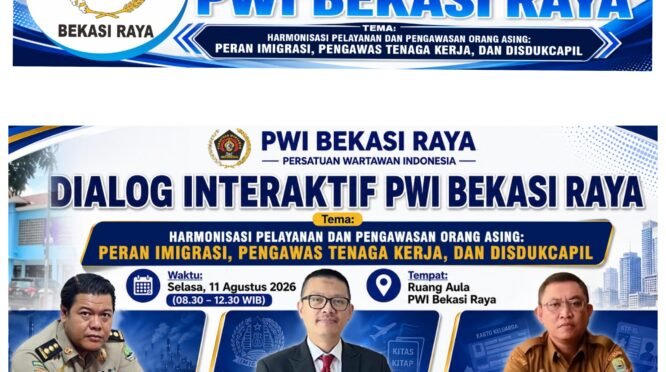 PWI Bekasi Raya menggelar Dialog Interaktif membahas harmonisasi pelayanan dan pengawasan orang asing bersama Imigrasi, Disnaker, dan Disdukcapil ini.