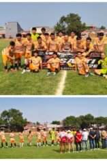 Tim sepak bola berpose bersama sebelum pertandingan turnamen antarklub se-Jabodetabek di Lapangan Den Sakti, Sumberjaya, Tambun Selatan, Bekasi.