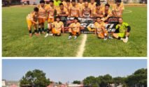 Tim sepak bola berpose bersama sebelum pertandingan turnamen antarklub se-Jabodetabek di Lapangan Den Sakti, Sumberjaya, Tambun Selatan, Bekasi.