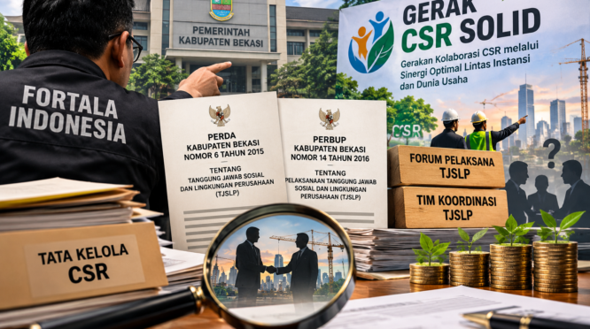 Ilustrasi sorotan FORTALA terhadap Gerak CSR Solid dan tuntutan transparansi serta penguatan tata kelola TJSLP Bekasi.